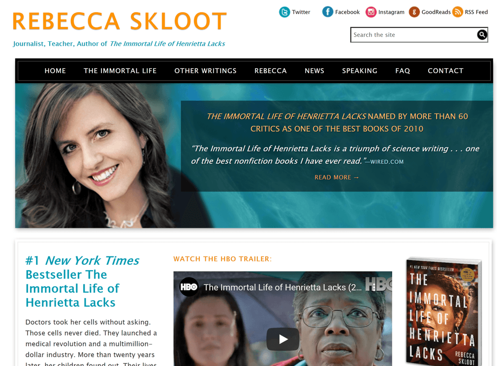 Non-Fiction Author Website Example - Rebecca Skloot